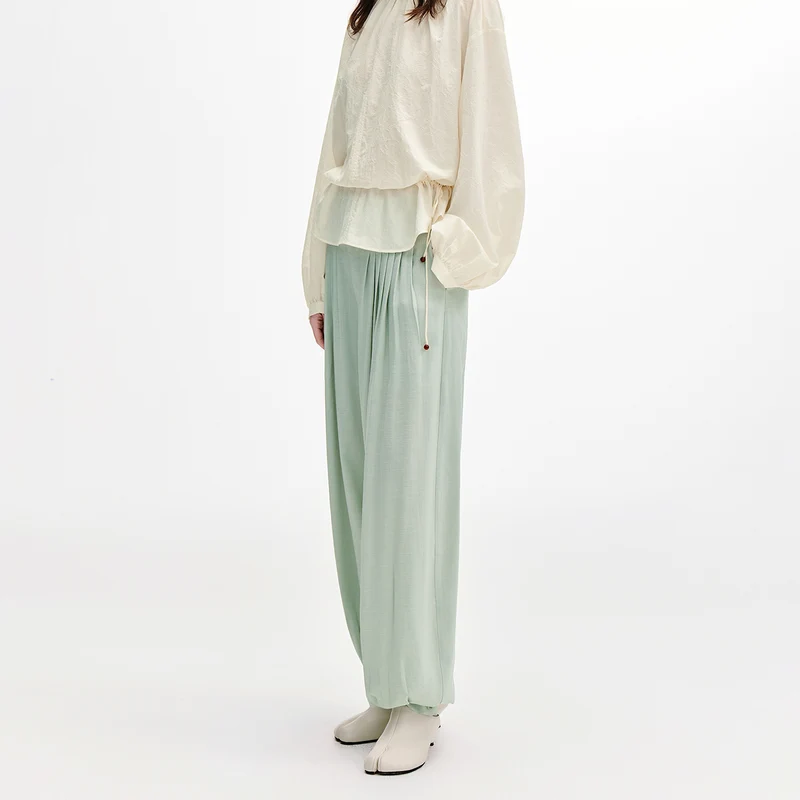 Acetate Blend Draped Lantern Casual Pants