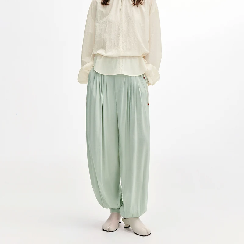 Acetate Blend Draped Lantern Casual Pants