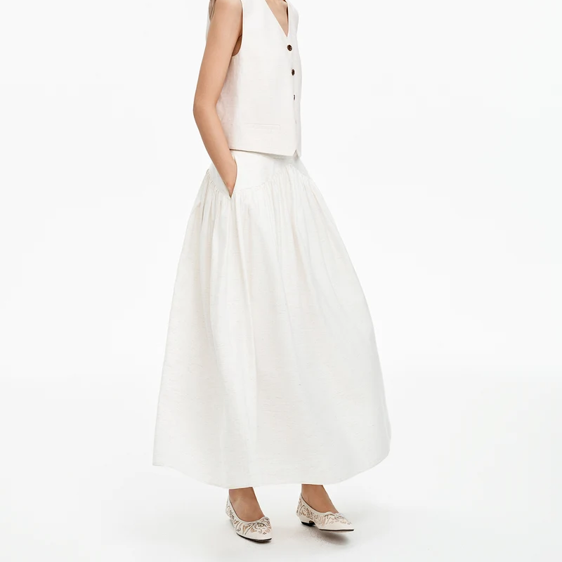 Linen Blend A Line Flared Maxi Skirt