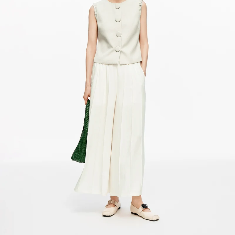 Linen Blend Fine Pleated Wide Leg Casual Pants