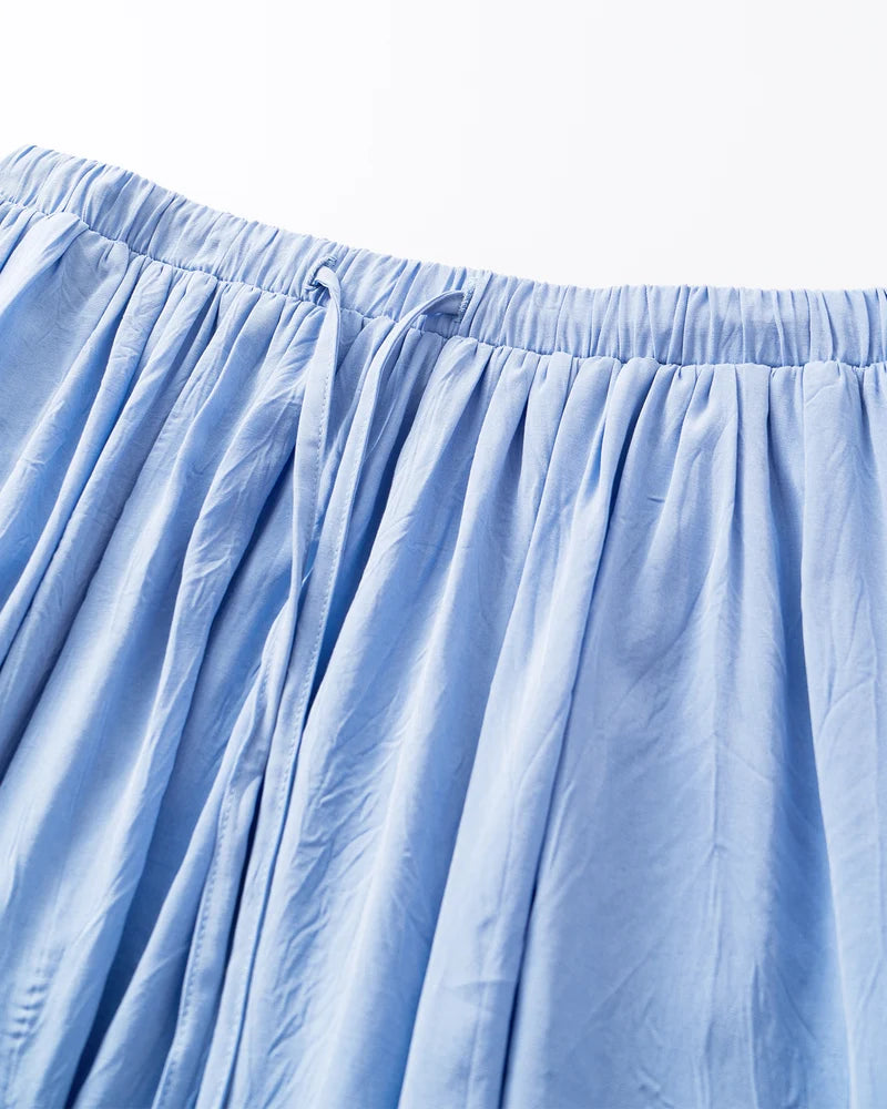 Pleated Drawstring Flowy Maxi Skirt
