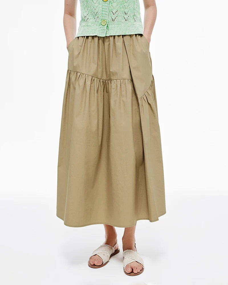 Loose A-Line Cotton Tiered Midi Skirt