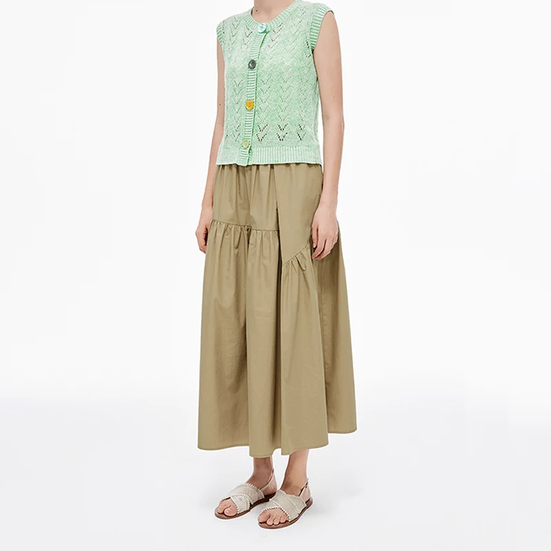 Loose A-Line Cotton Tiered Midi Skirt