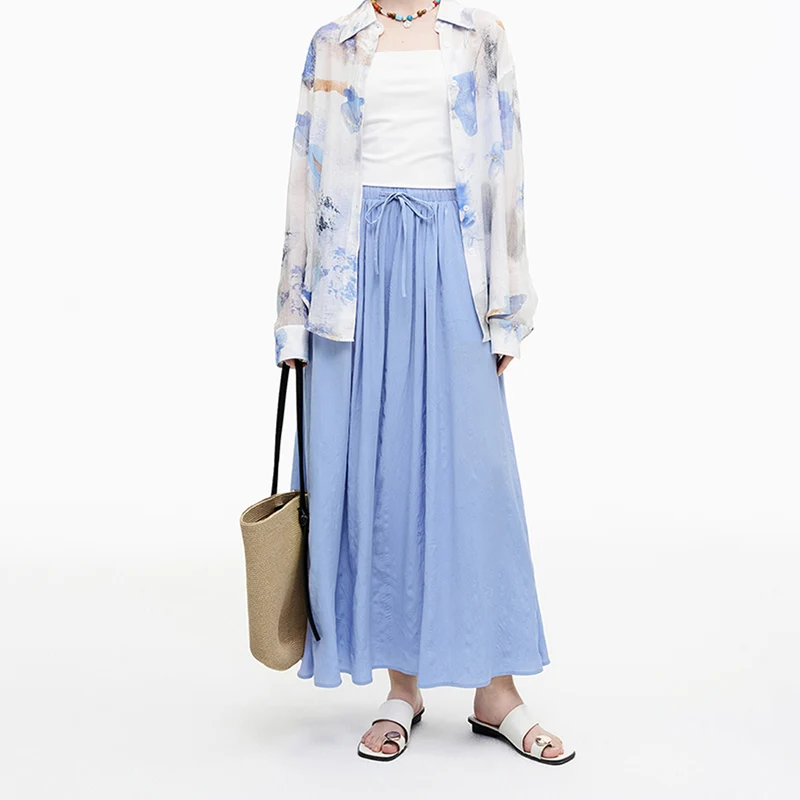 Pleated Drawstring Flowy Maxi Skirt